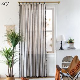 Curtain Cotton Linen Black Striped Tassel Window Blackout Drapes For Living Room Bedroom Kitchen Door Home Decoration