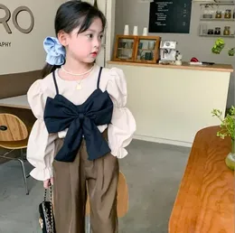 Clothing Sets 2023 Korea Style Girls 2 Pcs Set Puff Sleeve Shirt Bow Autumn Cotton Kids Suit 2-8 Years A634