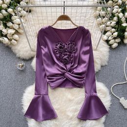 Women's Blouses Women Satin Three-dimensional Flower Flare Long Sleeve T Shirt V Neck Tops Solid Colour Sexy Girl Party Crop Top Tees