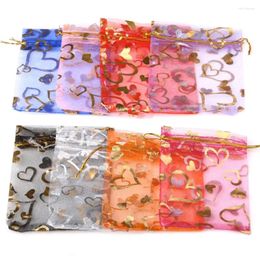 Jewellery Pouches 25pcs/lot Bag Organza Colourful Gold Colour Heart Print Gifts Wedding Christmas Party Candy Packing