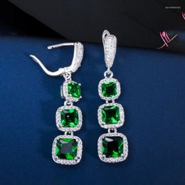 Dangle Earrings ThreeGraces Fashion Green Cubic Zircon Stone Silver Colour Long Dangling Square CZ Hoop For Women Party Jewellery E1759