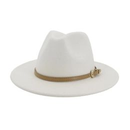 2020 Autumn Winter Women Men Wool Felt Panama Hat Jazz Fedora Bowler Hats Belt Buckle Decor Flat Brim Cowboy Trilby Hat ZZ