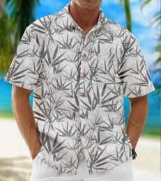 Men's Casual Shirts Fine Bamboo Leaf Printed Short-Sleeved Shirt Street Fashion Clothing Breathable