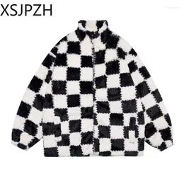 Women's Fur 2023 Winter Women Warmth Bomber Jacket Black White Plaid Imitation Oversize Zip Up Female Coat Lady's Chessboard Outerwear