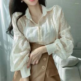 Women's Blouses Korean Chic Autumn Elegant Style Lapel Heavy Industry Shirt Hooked Flower Loose Slightly Transparent Bubble Sleeve