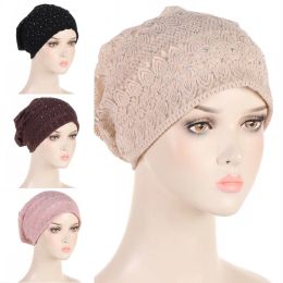 Muslim Cap Women Solid Colour Lace Hot Drilling Arab Islamic Wrap Hair Chemo Hat Lightweight Breathable Care Cap