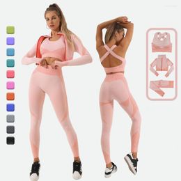 Active Sets 3 PCS Yoga Set Women Outfits Seamless Zipper Long Sleeve Sports Bra Leggings Fitness Sportswear Gym Wear Sport For