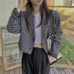 Women's Suits Kimotimo Crop Blazer Jacket 2023 Autumn Women Long Sleeve Houndstooth Notched Office Lady High Street Elegant Coat