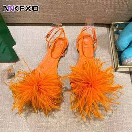 Sandals Ladies Flat Ostrich Feather Sexy Thin High Womens Heels Catwalk Model Fashion Show Modern Female Design Trend 230421