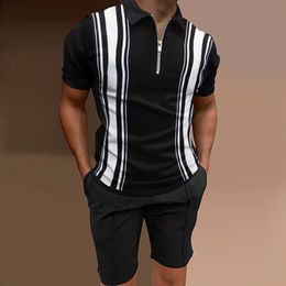 Men's Tracksuits Summer Trend High Street Casual Sports TShirt Short Sleeve Lapel Stitching Solid Beach Suit 230421