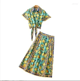 Work Dresses European And American Women's Summer 2023 Short Sleeve Lemon Print Shirt Cotton Pleated Skirt Fashion Suits