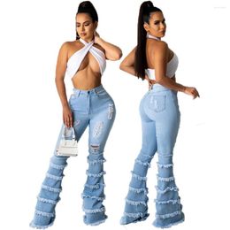 Women's Jeans Flared Pants Super Stretch Slim Trousers Ripped Stitching Casual High Waist Women