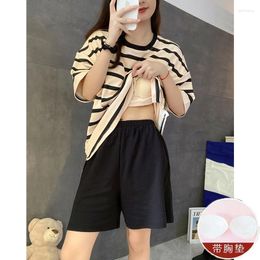 Women's Sleepwear Cotton Pajamas Shorts With Chest Pads Short-sleeved Striped Summer Thin Section Outerwear Casual Home Service Suit