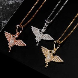 Solid S925 Sterling Silver Angel Wings Pingente Colar para mulheres Completas de zirconia cúbica Goldado Hip Hop Acessórios para jóias femininas Presentes de aniversário Collier Bijoux