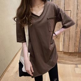 Women's T Shirts Sexy V Neck Short Sleeve Korean Style Oversized Streetwear Tunic Basic Top Female Summer Casual Solid Patch Pocket Shirt