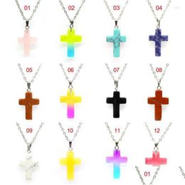 Pendant Necklaces Pendant Necklaces Creativity Natural Stone Coloured Cross Necklace For Woman Pink Black Brown Yellow Crucifix Jewelr Dhwtm