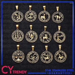 Pendant Necklaces Round Design 12 Zodiac Sign Constellations Horoscope Stainless Steel Necklace Chains