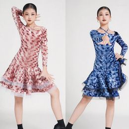 Stage Wear Fashion Kids Performance Dresses Girls Long Sleeved Velvet Latin Dance Competition Dress Children Ballroom Dancing DWY9632