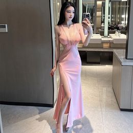 Casual Dresses Spring Celebrity Sexy V-Neck Show Chest Mesh Perspective Long Dress Split Annual Meeting Sling