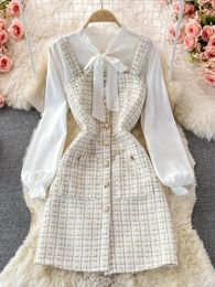 Two Piece Dress Women Two Piece Set Korean Fashion Bowtied Collar White Blouse and Spaghetti Strap Single Breasted Mini Tweed Dress Suits 230422