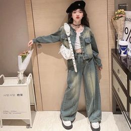Clothing Sets Autumn Kids Clothes Set Denim Jacket Wide Leg Jeans Two Pieces Teenager School Girls Outfits 10 12 13 Years Children