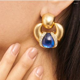 Stud Earrings Freetry Vintage Big Blue Resin Stone For Women Geometric Gold Colour Inlaid Rhinestone Party Jewellery