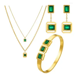 Necklace Earrings Set 316L Stainless Steel Retro Emerald Block Inlaid Glass Rhinestone Pendant Chain Bracelet Wedding