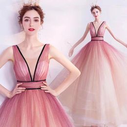 Party Dresses 2023 Women Elegant Gradient Pink Evening Sparkly Lace V-Neck Sleeveless Tulle Floor-Length Backless Bridesmaid Gowns