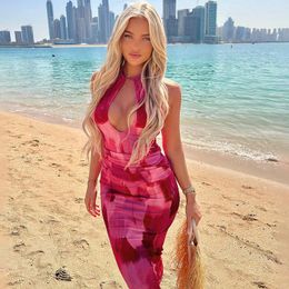 Casual Dresses Zoctuo Tie Dye Print Lace Up Halter Midi Dress Ruched Slit Backless Bodycon Sexy Party Elegant Festival Outfit 2023 Summer