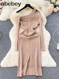 Casual Dresses Autumn Winter 2023 Slim Long Sleeve Party Midi Dress For Women Knitted Split Elegant Sweater Ladies