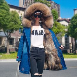 Women's Fur Faux Fur Maomaokong Real Raccoon Fur Coat Collar Denim Coats Winter Jackets Women Parkas Hooded Real Rabbit Fur Liner Women's Jacket