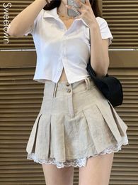 Skirts Sweetown Korean Fashion Khaki Short Skirt Lace Trim Cute Pleated Skirts Womens Preppy Style Button Up High Waist Summer Skirt P230422