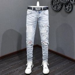 Men's Jeans Street Fashion Men Retro Light Blue Stretch Skinny Fit Ripped Pink Patched Designer Hip Hop Brand Pants Hombre