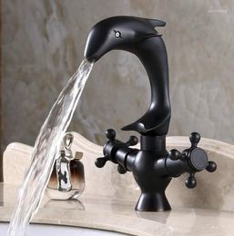 Bathroom Sink Faucets Black Oil Rubbed Brass Swivel Spout 2 Cross Handles Dolphin Style Vessel Faucet Mixer Tap Anf314