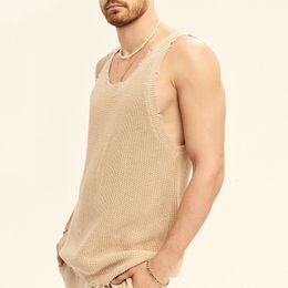 Men's Tank Tops Vintage Solid Colour Loose Ripped Knitted Vest Mens Clothes Summer Fashion Straps Sleeveless O Neck Camisole Men Casual Tank Tops 230422