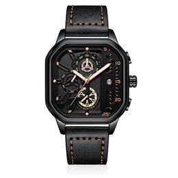 Cool Black NEKTOM Brand Hollow Out Mens Watches Accurate Quartz Watch Leather Strap Luminous Square Dial Wristwatches247E