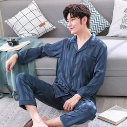 Mens Sleepwear Ice Silk Pyjamas For Men Spring Summer Pyjamas Thin Breathable Lounge Set Simple Style Striped Elastic Waist pyjama pour femme 231122