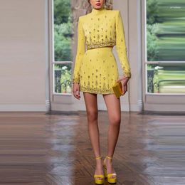 Women's Tracksuits Ailigou 2023 Autumn Fashion Sexy Diamond Beaded Short Top Dress Yellow Two Piece Suit Set High Quality