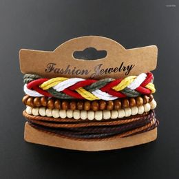 Charm Bracelets Trendy Punk Leather Men's Bracelet Made Of Cowhide Material Wood Bead Ethnic Style Retro Hand Woven