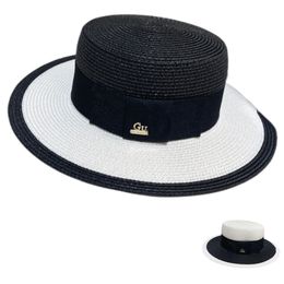 Designer Colour Blocking Material Woven Straw Hat Wide Brim Raffia Straw Boater Hat UV Protection Caps Fedora Summer Beach Sun Hat Straw Hat for Women