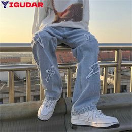 Men's Pants Korean High Street Loose Casual Pants Men's Embroidered Cross Flare New Jeans Denim Forwomen Men Same Paragraph Y2k baggy pants G230422