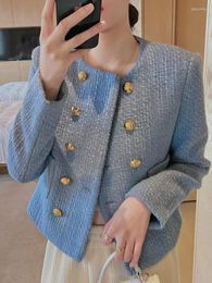 Women's Jackets High Quality Fall Winter Tweed Women's Sweet Elegant Blue Double Breasted Short Coat Casual Outwear Cropped Top