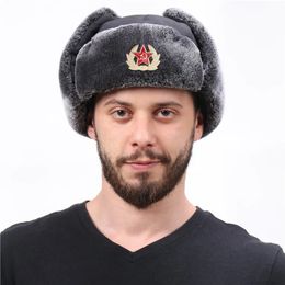 Trapper Hats Warm Soviet Badge Lei Feng Mens Russian Army Ushanka Bomber Hat Outdoor Plus Velvet Thicken Caps Faux Rabbit Fur Earflap 231122
