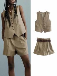 Camisoles Tanks TRAF WOMEN 2023 Fashion Front Button Flax Blending Waistcoat Vintage V Neck Sleeveless Female Outerwear Vest Tops Shorts Suit 230421