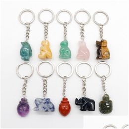 Keychains & Lanyards Natural Stone 1 Inch Carving Animal Key Rings Dog Cat Dinosaur Tortoise Healing Crystal Car Decor Keychain Keyhol Dhgwa