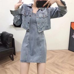 Work Dresses Retro Fashion Denim Jacket And Sling Dress Set Women's 2023 Sets Women Two-Piece Female Spring Autumn Suits Blue