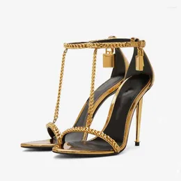 Dress Shoes Metal Lock Chains High Heels Women Gold Heel Pointed Toe Sexy Ankle Strap Sandals T-strap Open-Toed Summer Elegant Runway