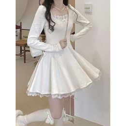 Long Sleeve Autumn for Women Lace Bow Design Korean Style Slim Sweet Solid Fashion Tender Basic All match Dress Woman