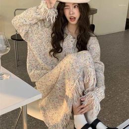 Two Piece Dress Korean Fashion Vintage Knitted Set Women Outfit College Style Loose Tassel Cardigan Sweater Tops And High Waist Long Skirt