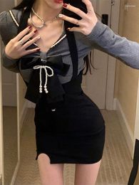 Work Dresses 2023 Autumn Korean Fashion 2 Piece Set Woman Bow Grey Knitted Sweater Tops Slim Bodycon Mini Dress Party Black